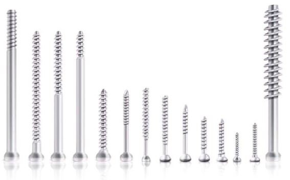 Medical-grade stainless steel and titanium orthopedic screws manufactured by Siora Surgicals